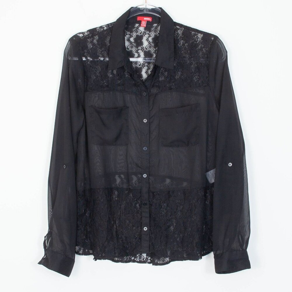 Bongo Womens Sheer Lace Button Down Blouse Size XL Black Roll Tab Y2K Whimsigoth